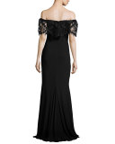 Off-the-Shoulder Stretch Crepe Gown, Black