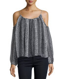 Maylin Cold-Shoulder Ikat Blouse, Black/Ivory