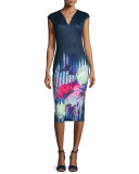 Vespera Hydrangea Midi Sheath Dress, Dark Blue