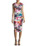 Odeela Floral-Swirl Midi Sheath Dress, Fuchsia