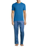 Satin-Striped Pajama Pants, Blue