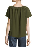 Camille Short-Sleeve Embroidered Top, Dark Olive Green