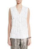 Ripple-Front Sequined V-Neck Top, White