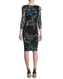 3/4-Sleeve Abstract-Print Ruched Sheath Dress, Black/Blue