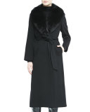 Fur-Collar Belted Long Wrap Coat
