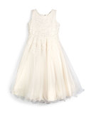 Sleeveless Beaded Lace & Tulle Dress, Ivory, Size 7-14