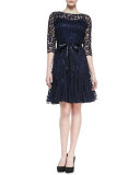 3/4-Sleeve Lace Overlay Cocktail Dress, Navy