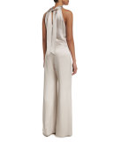 Slouchy Silk Mock-Neck Jumpsuit, Platinum