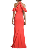 Cold-Shoulder Stretch Crepe Ruffle Gown, Tangerine