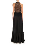 Sleeveless Lace-Trim Halter Gown, Black