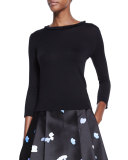 3/4-sleeve ruffle-trim sweater, black
