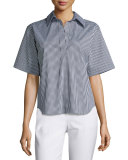 Short-Sleeve Gingham-Print Pullover Top, Black/Off White