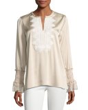 Naya Long-Sleeve Blouse w/ Crocheted Bib, Ivory