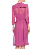 3/4-Sleeve Ric Rac-Hip Belted Dress, Peony/Lavender