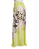 Kimono Floral-Print Long Skirt, Yellow/Pink
