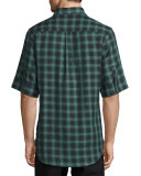 Deconstructed Plaid Short-Sleeve Shirt, Dark Green