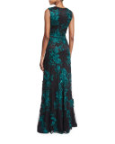 Sleeveless Embroidered Tulle Gown, Black/Jade