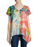 Elly Short-Sleeve Silk Printed Tunic, Plus Size