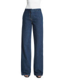 Flat-Front Wide-Leg Jeans, Indigo