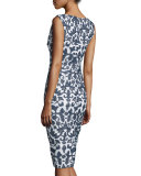 Sleeveless Floral-Print Sheath Dress, Navy/White