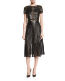 Tianna Studded Leather & Floral Lace Skirt, Black