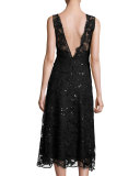 Sleeveless Embellished Lace Midi Dress, Black