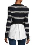 Long-Sleeve Striped Mixed-Media Top, Navy/White