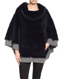 Ribbed Rabbit Fur Poncho, Navy