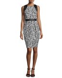 Sleeveless Leather-Trim Floral Cocktail Dress