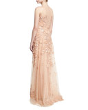 Beaded Tulle High-Neck Sleeveless Gown, Pink