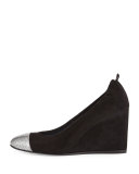 Suede Cap-Toe Wedge Pump, Black/Silver