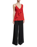 Wide-Leg Satin Evening Pants, Black