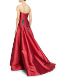 Floral-Appliqué Strapless A-Line Gown, Rose Red