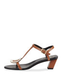 Chips Leather T-Strap Sandal, Cognac Scuro