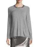 Long-Sleeve Split-Back Crewneck Sweater, Heather Gray