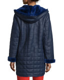Hooded Quilted Shearling Coat, Bluebell