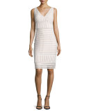 V-Neck Striped Sheath Dress, Ivory/Nude