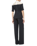 Half-Sleeve Organza-Inset Peplum Top, Black/Ivory