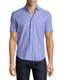 Gingham Short-Sleeve Sport Shirt, Light Blue/Navy