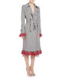 Mesquite Gingham Lace-Cuff Trenchcoat, Black/White