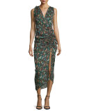 Teagan Fall Garden Printed Silk Midi Dress, Black/Multicolor