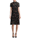 Short-Sleeve Pleated Floral-Print A-Line Dress, Nero