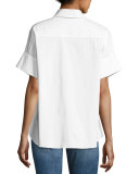 Edyth Short-Sleeve High-Low Drapey Button-Down Shirt, White