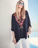 Blossom Tab-Sleeve Embroidered Blouse 