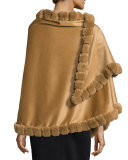Asymmetric Cashmere Wrap w/ Rabbit Fur, Camel