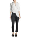 Silk Long-Sleeve Popover Blouse, Off White
