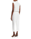 Shawl-Collar Sleeveless Crepe Jumpsuit, White