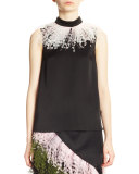 Sleeveless Feather-Trim A-Line Blouse, Black