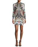 Long-Sleeve Fish-Print Jersey & Chiffon Dress 