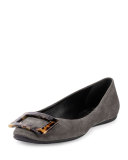 Gommette Tortoiseshell-Buckle Suede Flat, Gray